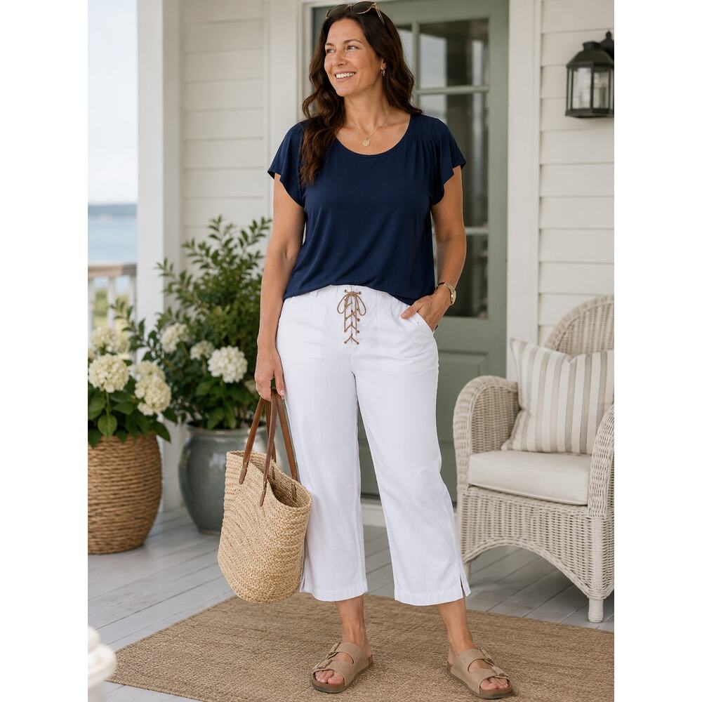Gloria Vanderbilt White Lace Up Cropped Pants Women's Petite 12 Coastal Grandma